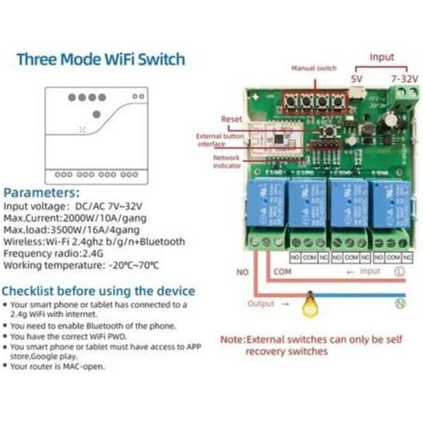 Interruptor inteligente de 4 canales con conexión inalámbrica Wi-Fi y Bluetooth, módulo de relé de contacto seco y control remoto mediante aplicación de 7-32 V.