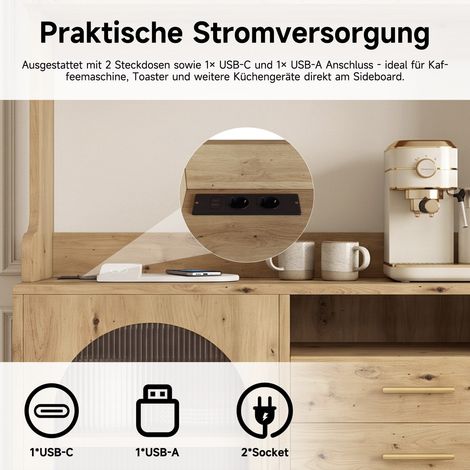 Buffet haut, armoire haute salle à manger 100,5x40x178 cm, rangement à plusieurs niveaux, prise intégrée avec ports USB-C et USB-A, couleur bois (1/5)