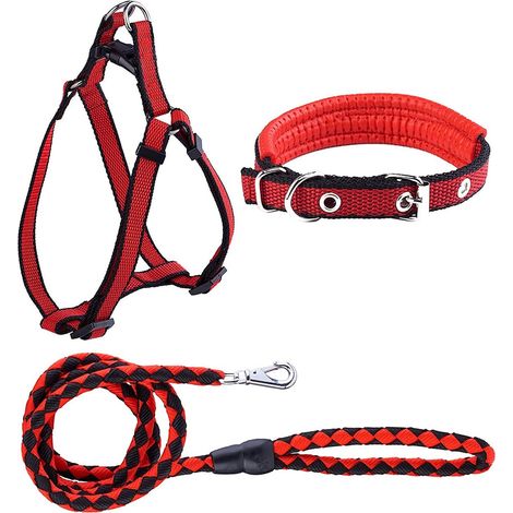 Laisse de harnais pour chien de compagnie Gilet de laisse réglable en nylon tressé (noir rouge, XS) 3 pièces (1/5)