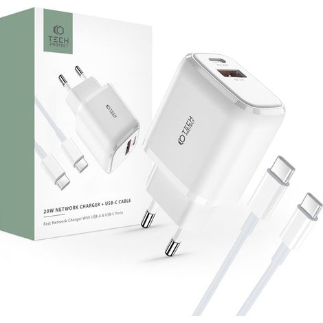 Tech-protect C20W 2-Port-Netzwerkladegerät PD20W/QC3.0 + Typ-C-Kabel, weiß (1/5)