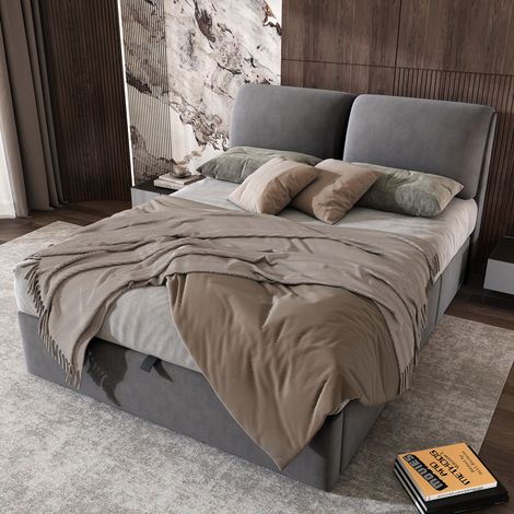Lit tapissé 140 x 190 cm en velours gris, sommier à lattes, coffre hydraulique, trois tiroirs, tête de lit réglable, sans matelas  CHICFURN (1/5)