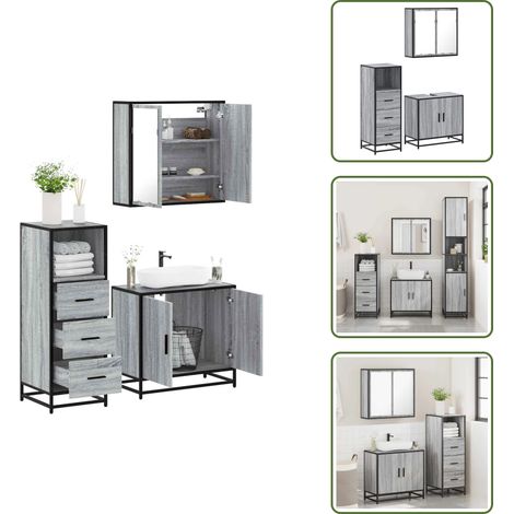 The Living Store Set de muebles de baño 3 pzas madera contrachapada gris sonoma - Armario de baño