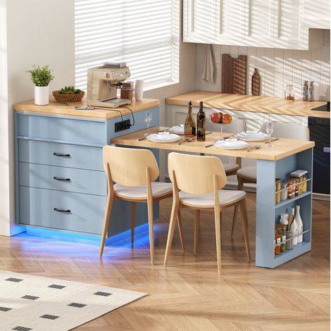 Table extensible MDF azul y efecto madera 125,5-187,5x71x93 cm con LED, enchufes y almacenaje (1/5)