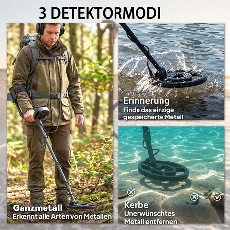 Détecteur de métaux submersible IP68, 3 modes de recherche, écran 7 pouces, casque, pelle, disque de détection, profondeur max (1/4)