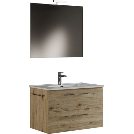 MaMa Store ERA 60-Mobile Bagno Sospeso 60 CM Quercia Naturale con Lavabo, Specchio e Lampada LED, L.62 X P.47, Legno, 62 X P. 47 X H. 53 CM (1/4)