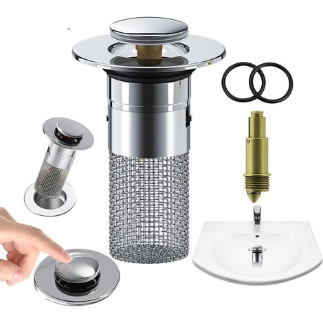 Universal Basin Waste Plug, Pop-Up Universal Drain Plug, Basin Waste Plug with Filter Basket for Kitchen, Bathroom and Balcony (34-40mm) (1/4)