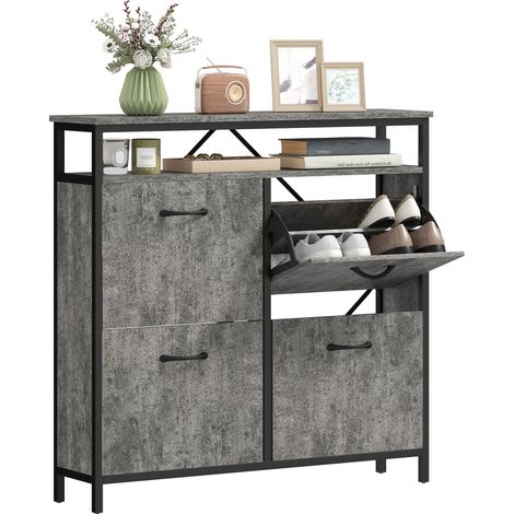 Shoe Cabinet, 4 Flip Drawers, 98 x 23.8 x 95 cm, Cement Grey (1/5)