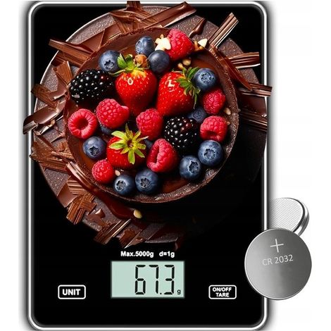Elektronische Präzisions-Küchenwaage mit LCD-Touchscreen, schwarzem Glas, 5 kg / 1 g