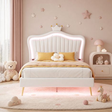 MEUBLIV Letto bambino 90x200 cm bianco – LED e testiera a corona, senza materasso (1/5)