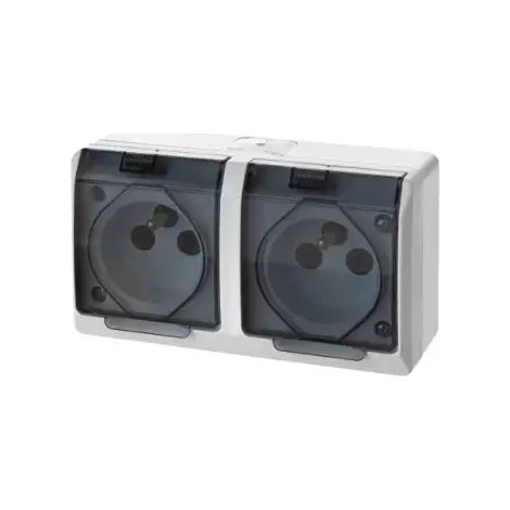 HERMES WEISSE STECKDOSE NT 2X Z/U MIT RAUCHKLAPPE IP44 SCHRAUBANSCHLÜSSE 16A 250V 0322-01