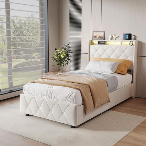 Bett mit Schubladen 90 x 200 cm – Bettgestell mit RGB-LED, Kopfteil mit Stauraum und Ladestation (USB + Type-C) – Flanell – Beige
