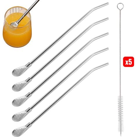 10 pezzi, cannuccia a cucchiaio, cannuccia con filtro, cannuccia per bevande in acciaio inossidabile, cannuccia in metallo, cannuccia con setaccio, due in uno, pratiche cannucce a cucchiaio curve in a (1/5)