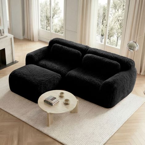 Sofá modular 2 plazas de felpa negra, en L o recto, sin montaje (1/5)