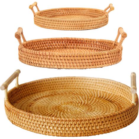 Runder, handgeflochtener Servierkorb aus Rattan, Tablett für Brot, Obst, Dessert, 3-teilig mit Griffen (1/5)