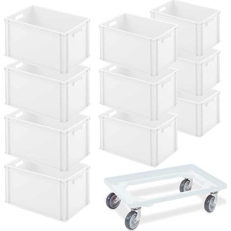 BRB 10er SPAR-Set Euro-Behälter PLUS Transportroller, 600x400x320 mm Industriequalität lebensmittelecht (weiß/weiß)