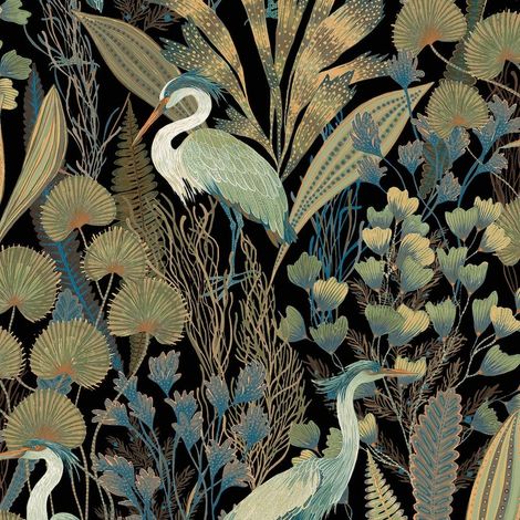 Grandeco Ciara Tropical Cranes Birds Black Wallpaper Floral Paste The Wall Vinyl