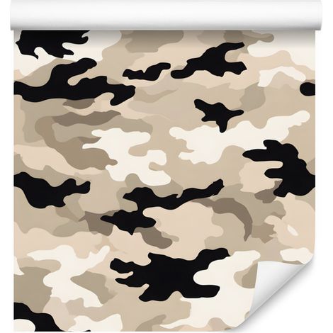 Papier peint camouflage militaire beige, crème et blanc pour salon et chambre 50x1000 cm (1/5)