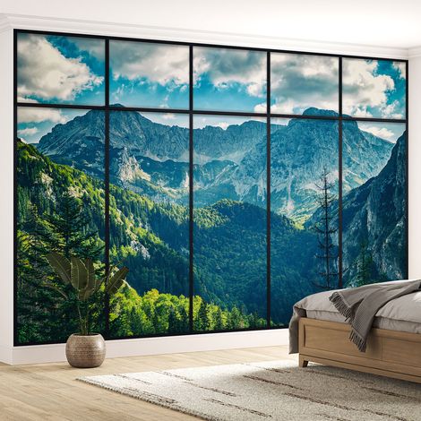 Papier peint panoramique Trompe l'oeil Verrière - Montagnes - 130 cm x 82 cm (1/5)