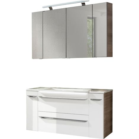 Fackelmann LUXOR Badmöbel Set 7-teilig 120 cm, Braun/Weiß + LED-Spiegelschrank + Schränke verspiegelt + Unterschränke"-"90222145 (1/5)
