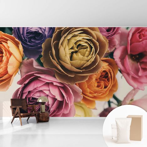 Tapete Vliestapete mit Kleber für Wohnzimmer Schlafzimmer Küche - Wanddekoration Bunte Rosen 416x254 cm (1/5)