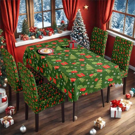 Ensemble de nappe et housse de chaise imperméables à motif flocons de neige rouge classique de Noël TC-203 (nappe imperméable 140 x 210 cm + 4 housses de chaise)