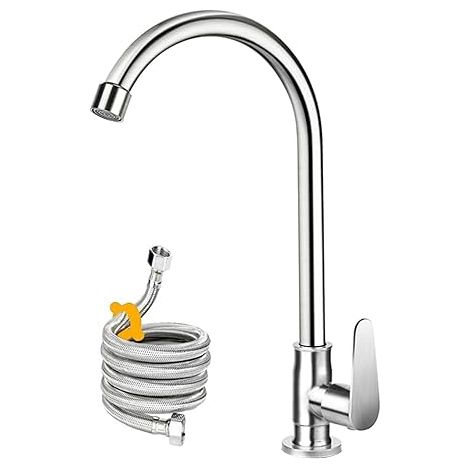 Robinet d'eau froide monotrou à roulement à billes en acier inoxydable pour cuisine, extérieur, jardin et bar, avec tuyau et tube fileté plus long. (1/5)