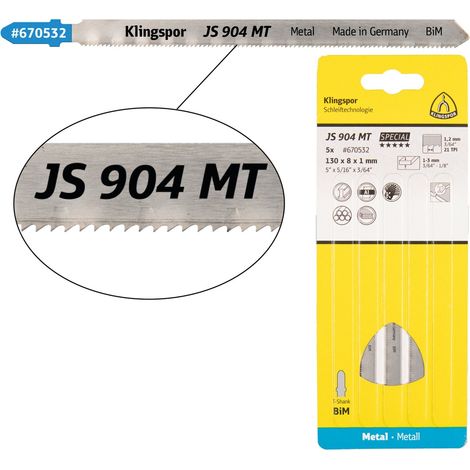 Klingspor JS 904 MT Stichsägeblätter, 130 x 8 x 1 mm Nutzlänge 110Bi-Metall, gefräst, gewellt , 21 Zähne pro Zoll, SB-verpackt im Karton