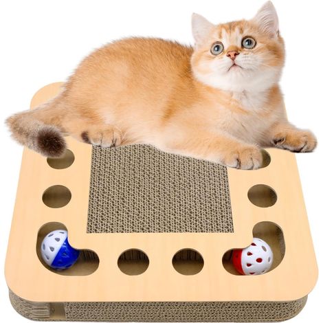 Griffoir en Carton Ondulé pour Chat avec Boules à Facettes - 3 en 1 Jouet Interactif, Tapis à Griffer avec Accessoires (Carré)