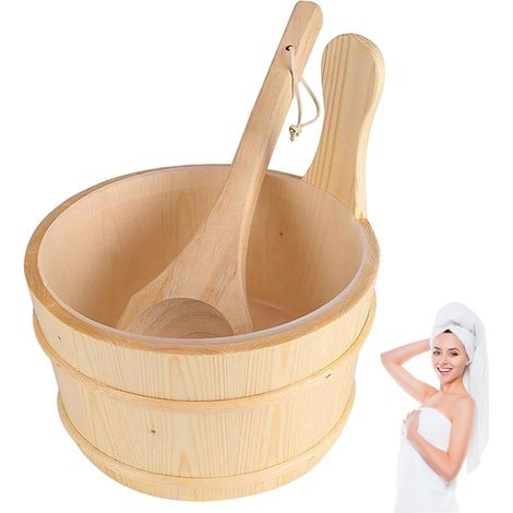 Seau de sauna, seau de sauna et louche, eau en bois capacité avec doublure en plastique, accessoires bain fournitures pour la maison à la vapeur l'hôtel, baignoires (1/5)