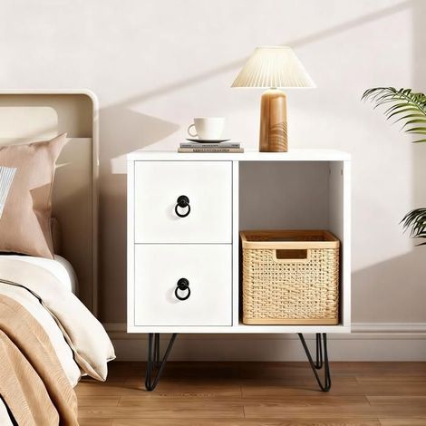 Table de chevet scandinave 40 x 48 x 55 cm – 2 tiroirs, niche ouverte – Pieds métal noir – Home Nature Wohnkonzept (1/5)