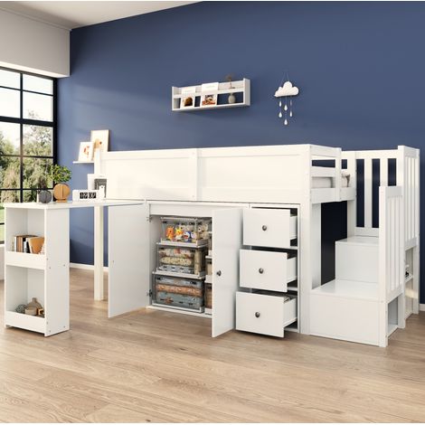 Lit mezzanine enfant 90/200 cm blanc en MDF avec bureau extensible et rangements intégrés (1/5)