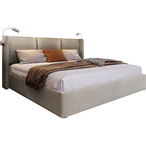 CHICFURN Lit double 180x200 cm avec coffre de rangement, liseuse LED, ports USB et sommier relevable hydraulique, tissu beige, cadre métal, sans matelas (1/5)