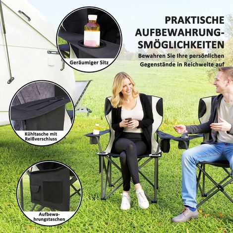 Lot de 2 chaises pliantes de camping avec accoudoirs, porte-gobelet, appui-tête, sac isotherme, fauteuil outdoor pliable, charge max 120 kg, rembourré, pour pêche, jardin et plein air. (1/5)