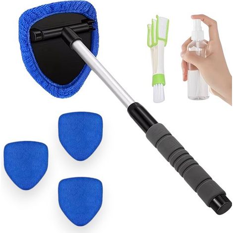 Nettoyeur de vitres de voiture télescopique, tête rotative à 180°, 4 tampons microfibre réutilisables et flacon pulvérisateur, bleu (1/5)