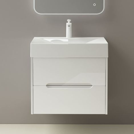 Mai & Mai Mobile Bagno Sospeso 80x56x48cm, Mobile da Bagno con 2 Cassetti Include Lavabo, Bianco, Seria Yoga-Lackier