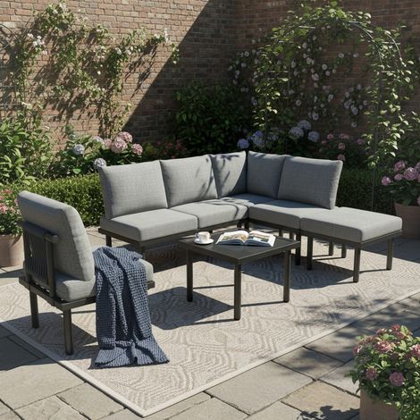 Ensemble salon jardin fer galvanisé 6 pièces corde grise pieds réglables plateau verre lisse coussins gris