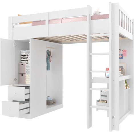 Lit mezzanine 90x200 avec 4 tiroirs et 1 armoire de rangement, bureau sous le lit, armoire ouverte, LED et USB, blanc