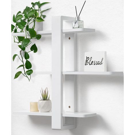 Étagère Murale Réglable 3 Niveaux Blanche pour Salon, 50 x 58 cm Étagère flottante en bois massif longue, tablettes amovibles, pour plantes et photos, salon, chambre, bureau et salle de bain (1/5)