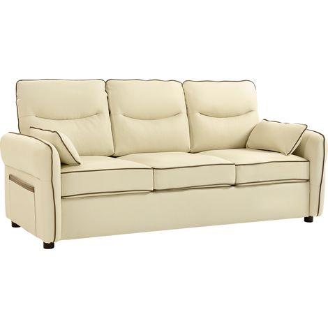 Divano 3 Posti 190x83x90 cm con Imbottitura Spessa Tasca Laterale e 2 Cuscini in Finta Pelle Beige (1/5)