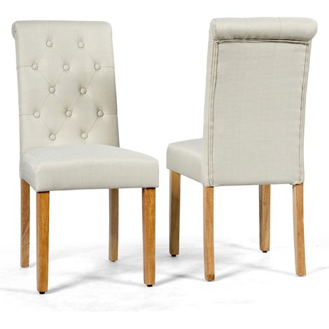 Sedie da pranzo bottoni trapuntati gambe legno gomma tessuto lino Beige (1/3)