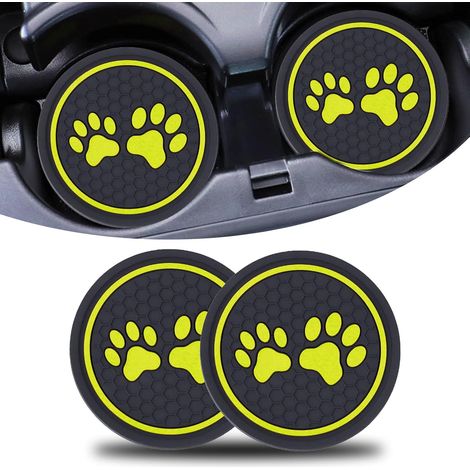 Tapis de sol automobiles avec empreintes de pattes de chien, 4 pièces, pour porte-gobelets, en silicone antidérapant avec support incrusté. (1/5)