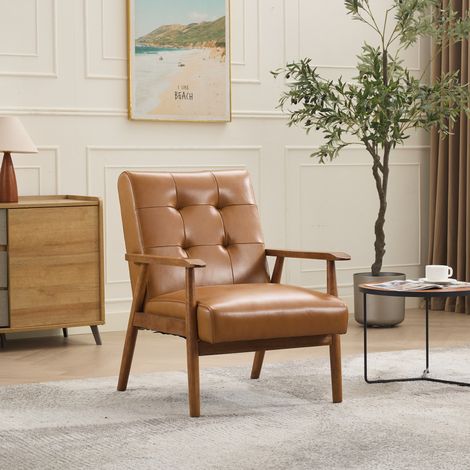 Fauteuil lounge 64x80x83 cm en cuir véritable marron clair, dossier capitonné pour salon – MEUBLIV (1/5)