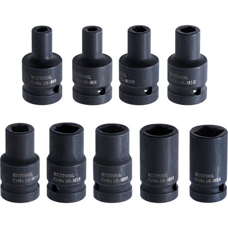9 Pièces Douille à Choc, Tête De Clé à Douille Pour Clé à Chocs électrique Tailles M6-M24 Douille à Chocs Pneumatique Universelle 1/2" En Acier Au Molybdène CR