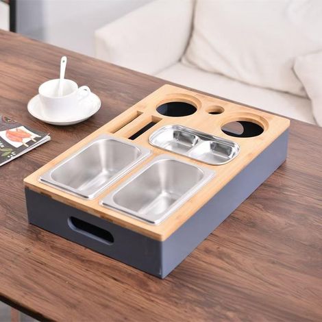 Couchbar - Snackbox - Table-banc multifonctionnelle en bois avec plateaux en acier inoxydable et assiette magnétique amovible - 1 pièce - Bois naturel (1/4)