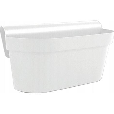 Fioriera da balcone in plastica bianca con manico, ideale per fiori.