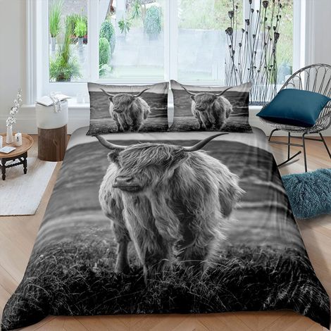 Parure de lit motif vache des montagnes - Housse de couette 220 x 240 cm - Pour enfants, garçons, adultes, hommes, Longhorn Bull Boll - Couverture rustique - Maison de ferme - 3 pièces (1/5)