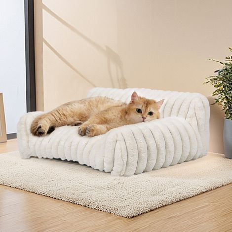 Canapé Chien Chat S 60x45x25 cm Peluche Côtelée Beige – Panier Sofa Bords Surélevés Accoudoirs Housse Amovible Lavable Zip – Lit Moelleux Chat Petit Chien 4 Saisons Intérieur Hiver (1/2)