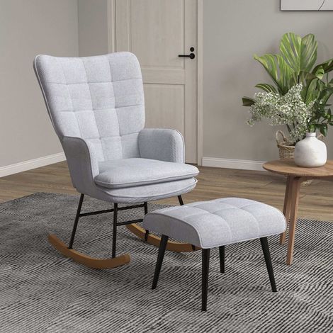 Fauteuil à bascule avec repose-pieds, assise en lin gris clair, accoudoirs, charge max 130 kg (1/5)