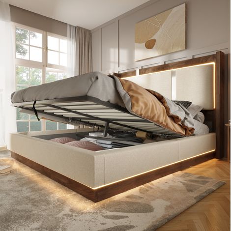 Cama tapizada de 140x200 cm para adultos con almacenamiento, iluminación LED, mecanismo de elevación hidráulico, estilo retro, lino beige y madera (1/5)