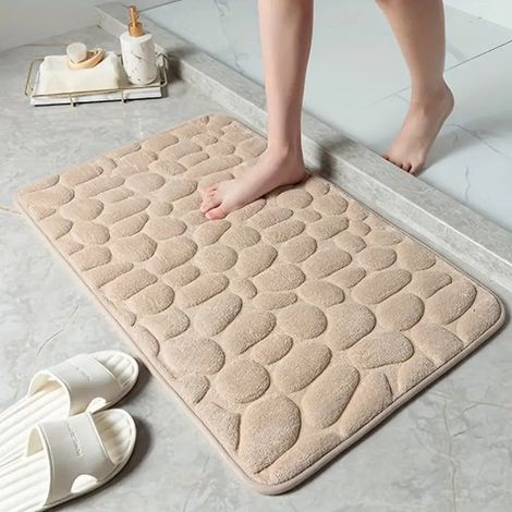 Ensemble de tapis de bain beige 40 x 60 cm, envers antidérapant en PVC, lavable en machine, tapis de bain oblong et doux à haute absorption d'eau. (1/5)
